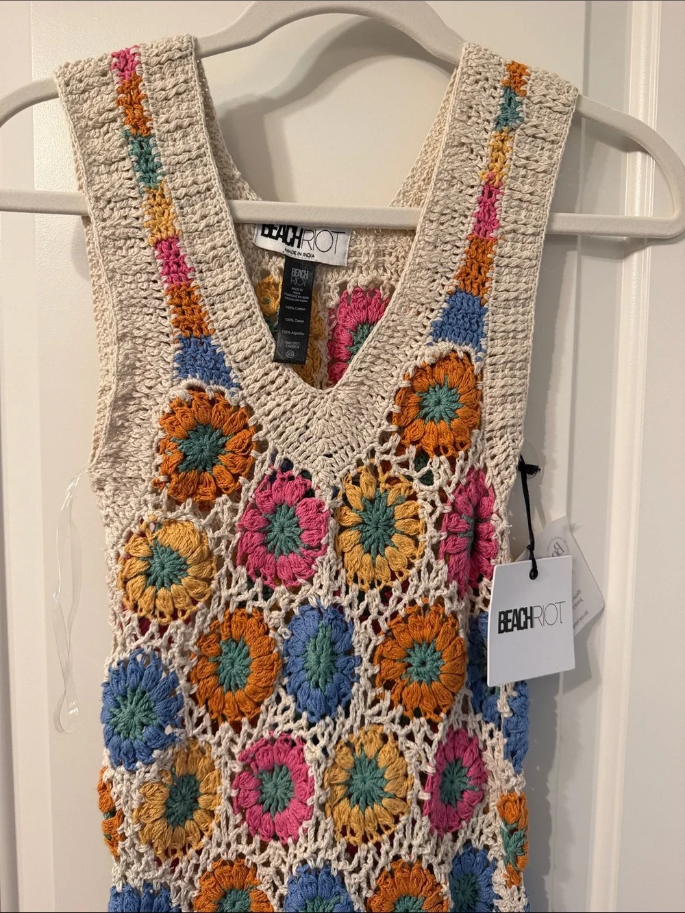 Beach Riot Crochet Maxi Swim Coverup in Cream with Pink, Blue & Orange XS NWT - Picture 4 of 6